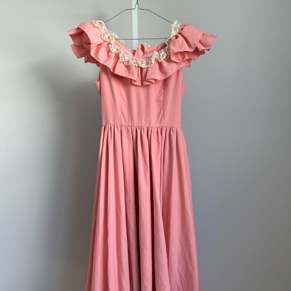 VTG Victorian Pink Renaissance Ruffle Lace Prairie Maxi Dress Cottagecore Gown - Picture 3 of 9